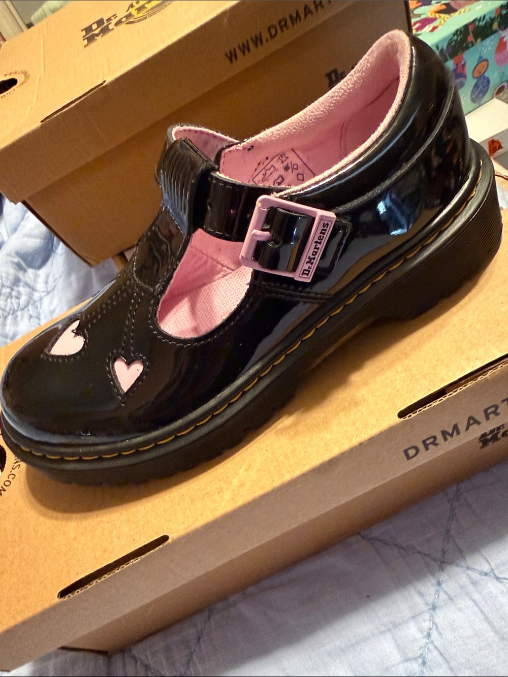 Dr. Martens Black Patent Mary Jane Shoes with Pink Accents